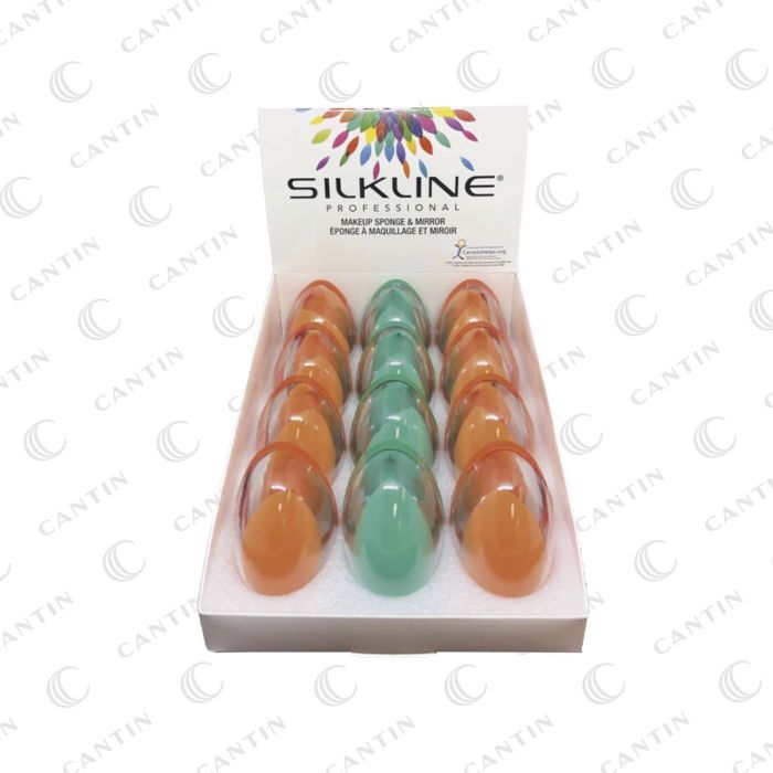 PRÉSENTOIR DUO ÉPONGE MAQUILLAGE & MIROIRE 12 PCS ( 8 ORANGE, 4 VERT )SILKLINE SPIRIT